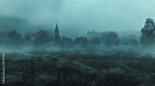 A serene village engulfed in mist with an impressive church spire standing out against the hazy twilight backdrop, evoking tranquility and mystery