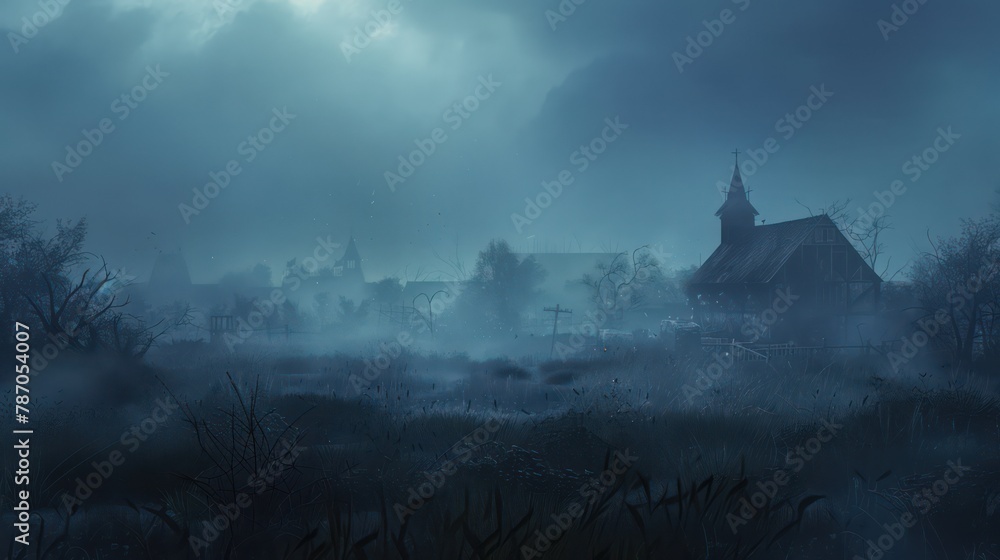 Mysterious foggy village with church at night Mysterious foggy village with church at night