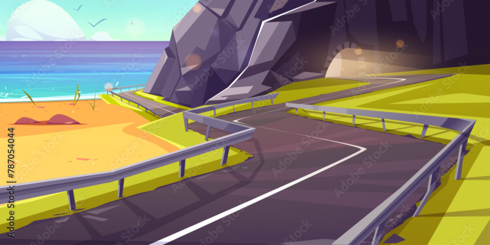 Winding asphalt road over cliff on sea or ocean shore leading to tunnel in rocky mountain. Cartoon vector illustration of summer or spring seascape with danger serpentine highway near stone hill. - obrazy, fototapety, plakaty 