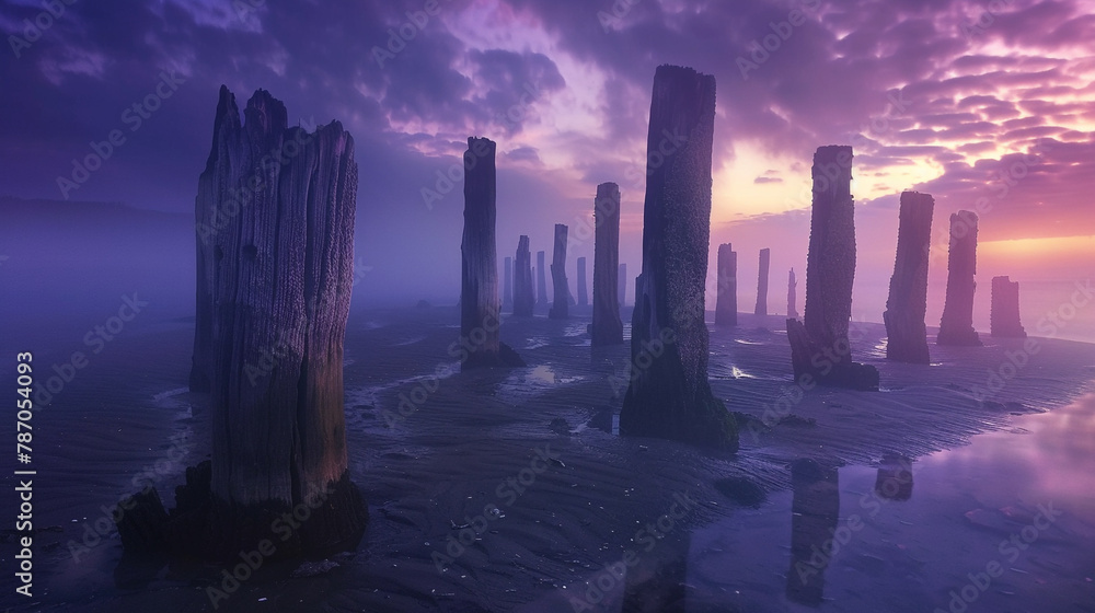 a surreal twilight landscape where wood posts take on the form of ethereal sculptures, bathed in a soft glow from a long exposure shot. 