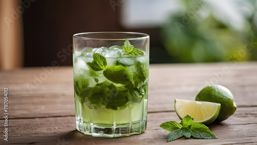 Cool mojito cocktail accompanied by ice cubes and verdant mint leaves