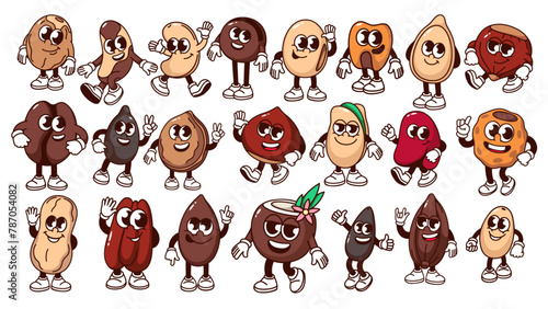 Groovy cartoon nut, bean and seed characters set. Funny retro happy nuts mascots, cartoon stickers of cashew chestnut hazelnut almond coffee coconut walnut macadamia 70s 80s style vector illustration