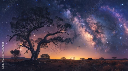 A captivating image of a lone tree set against a mesmerizing starry night sky, with the Milky Way galaxy making a dramatic backdrop as twilight sets across the landscape