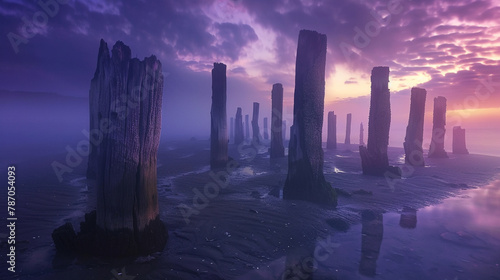 a surreal twilight landscape where wood posts take on the form of ethereal sculptures, bathed in a soft glow from a long exposure shot. 