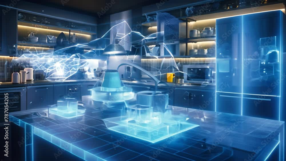 3d rendering of abstract wireframe interior of modern kitchen with blue lights, A smart kitchen interior with glowing network connections and a digital technology hologram 3d rendering of abstract wireframe interior of modern kitchen with blue lights, A smart kitchen interior with glowing network connections and a digital technology hologram