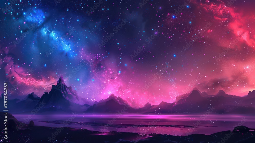 Naklejka premium This captivating image showcases a stunning landscape under a mesmerizing cosmic sky with vibrant shades of blue and pink, reflecting in a tranquil mountain lake