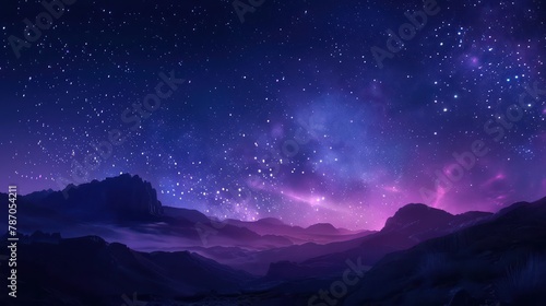 Starry night sky over mountain landscape photo