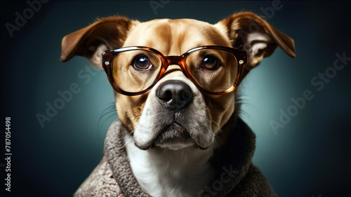 A dog with glasses. Close-up. Horizontal wallpaper for desktop on your computer © Fatih