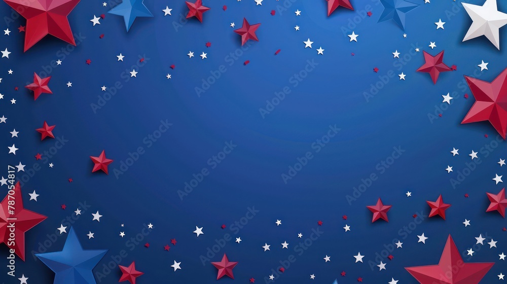 Festive background with red, white, and blue 3D stars scattered on a deep blue backdrop, symbolizing American patriotism and celebration