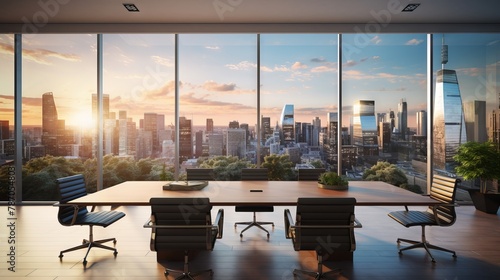 Dynamic business setting: conference room overlooking panoramic megapolis cityscape

 photo