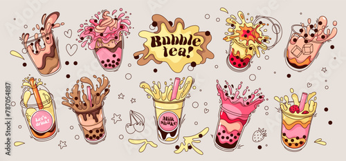 Groovy cartoon bubble tea cups set. Funny retro collection of Asian sweet drinks, kawaii ice coffee and pearl milk tea, milkshake and juice cartoon stickers of 70s 80s style vector illustration
