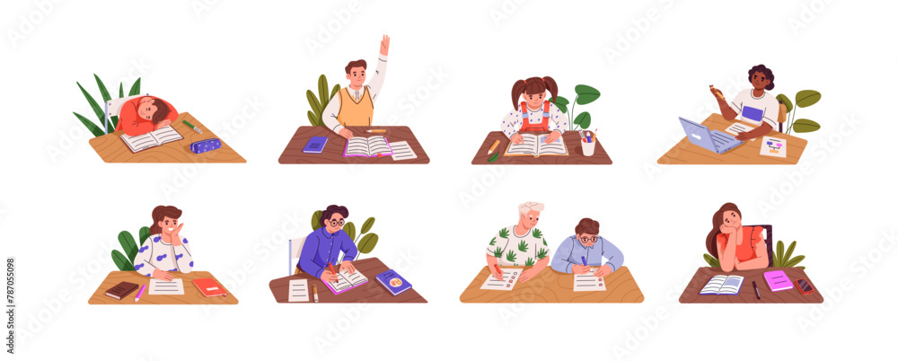 Fototapeta premium Students sit at desk set. Children study, read textbooks, sleep on table at school lesson. Kids write off test, exam, raise hand to ask or answer. Flat isolated vector illustration on white background