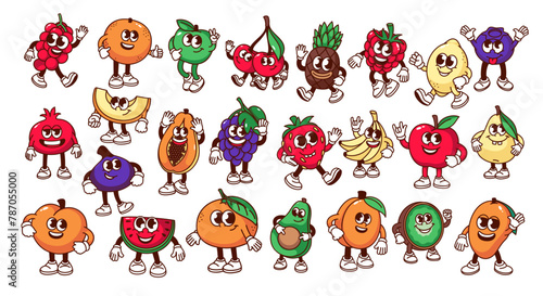 Groovy cartoon fruit and berry characters set. Funny retro fruit mascots, cartoon sticker of strawberry grape banana mango pineapple pear cherry watermelon lemon fig 70s 80s style vector illustration