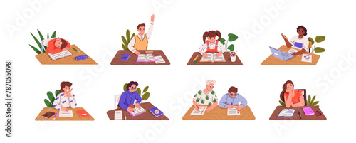 Students sit at desk set. Children study, read textbooks, sleep on table at school lesson. Kids write off test, exam, raise hand to ask or answer. Flat isolated vector illustration on white background