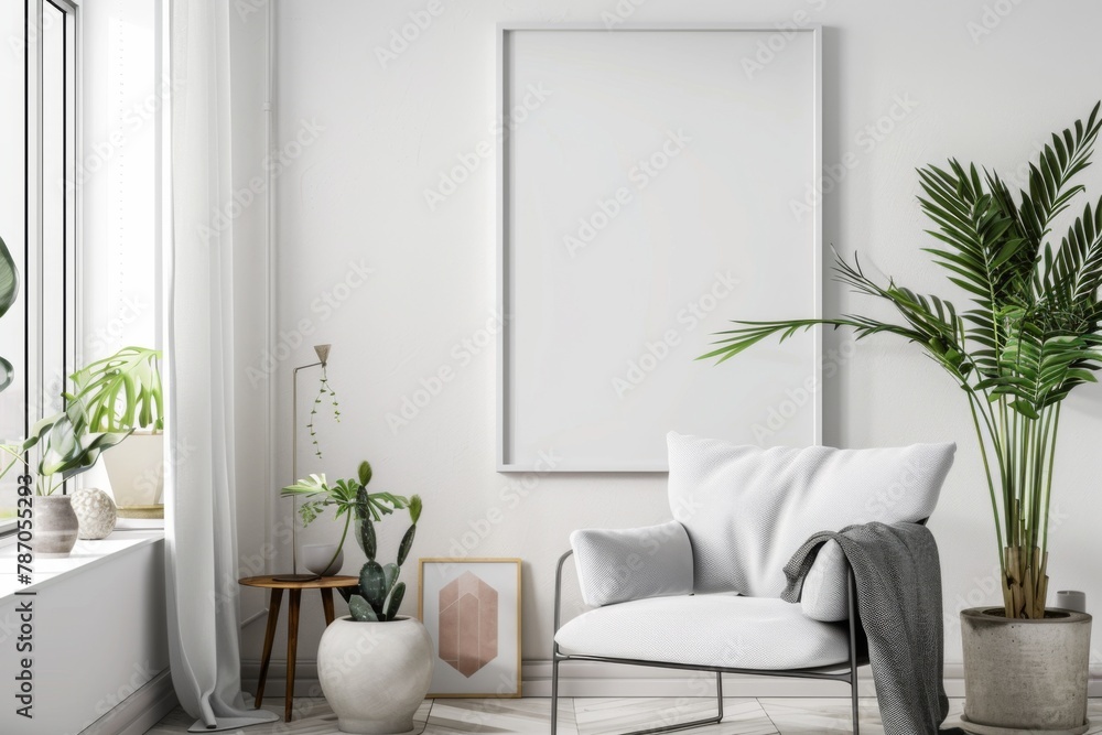 Naklejka premium Modern scandinavian interior with poster mockup created with generative ai