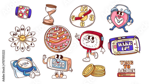 Groovy clock cartoon characters and stickers set. Funny retro clock with heart and flower, fried egg shape and hands. Time flow mascot, cartoon typography patch of 70s 80s style vector illustration