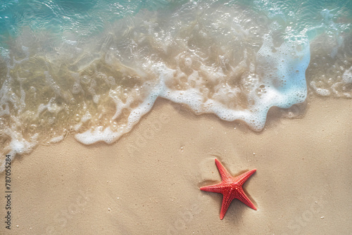 Generated AI Top view image of Summer seascape beautiful waves with sea foams on the white sand beach