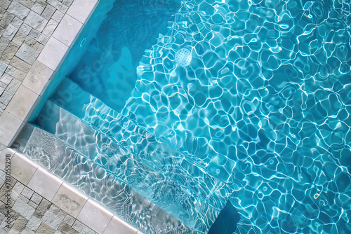 AI generated image, Summer time concept , Bright and clean swimming pool, top view, view from above