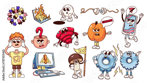 Groovy cartoon characters and stickers set to disconnect internet network. Funny retro broken internet connection mascots with warning messages, cartoon collection of 70s 80s style vector illustration