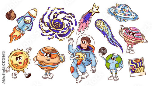 GrooGroovy space cartoon characters set. Funny retro flying star and globe of planet, rocket and spaceman, nebula. Travel in space mascots collection, cartoon stickers of 70s 80s style vector illustra