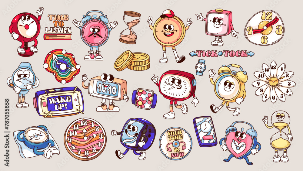 Groovy clock cartoon characters and time stickers set. Funny retro alarm clock and digital watch, wristwatch and sandglass. Cartoon typography badge and emoji of 70s 80s style vector illustration Groovy clock cartoon characters and time stickers set. Funny retro alarm clock and digital watch, wristwatch and sandglass. Cartoon typography badge and emoji of 70s 80s style vector illustration
