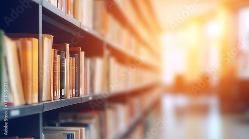 Abstract blurred college library interior: blurry classroom with bookshelves for bookshop business or education resource background

