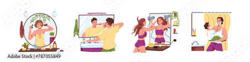 People do daily morning routine in mirror reflection set. Men and women do makeup, shaving, brushing teeth in bathroom. Everyday hygiene, care. Flat isolated vector illustration on white background