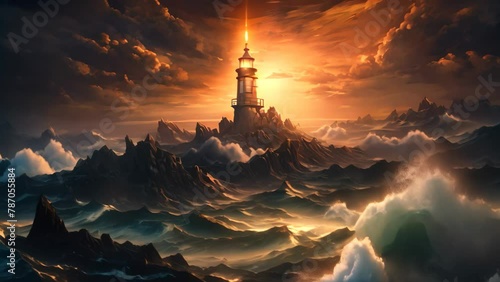 Lighthouse in the sea at sunset. 3d render illustration, An isolated iron lighthouse shining out to sea at night on a rocky stone island, battered by huge ocean waves, surrounded by photo