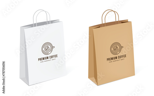 Paper bag mockup with twisted handle and cafe logo design. Brown shopping bag 3D template