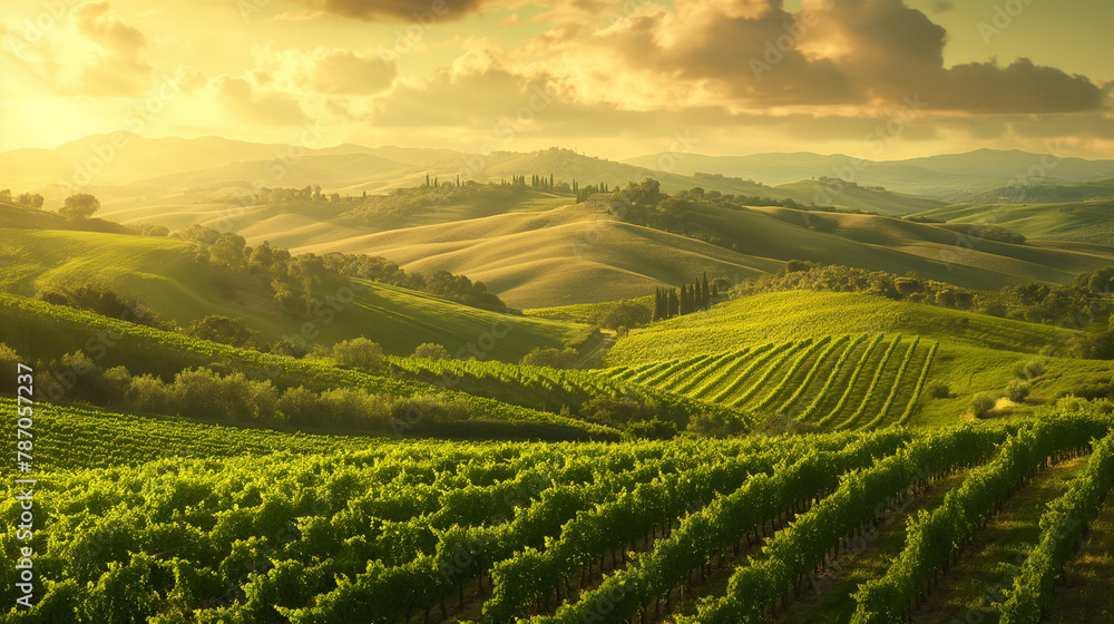 Lush vineyards spreading across rolling hills, basking in the warmth of the sun. Happiness, love, courage, desire to live
