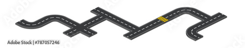 Isometric asphalt road with crosswalk and intersections isolated on white background. Vector illustration of city highway for car traffic. pathway construction with crossroad for town map track.