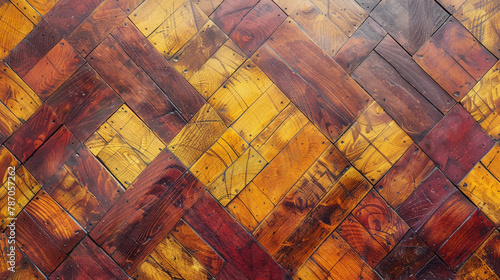 An aerial view of a wooden floor adorned with abstract patterns of golden ochre and deep crimson, resembling a vibrant tapestry. photo