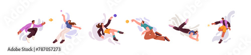 People search new ideas, find thoughts set. Different men and women flying in space. Characters soaring with stars, planets in cosmos. Inspiration flat isolated vector illustration on white background