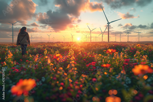 A wind turbine set against a natural backdrop, symbolizing green energy and ecological sustainability, promoting renewable power for a cleaner environment