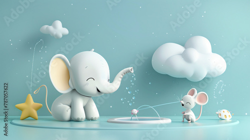 3D vector design of an elephant and mouse playing with a water sprinkler, joyous summertime vibe, photo