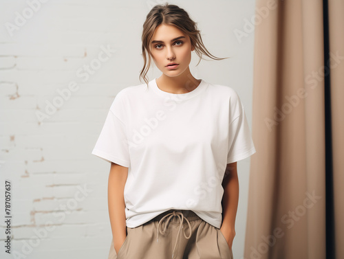 Young woman model dressed in oversized tshirt. Blank tee front view mockup. Girl, mom short t-shirt design template  (ID: 787057637)