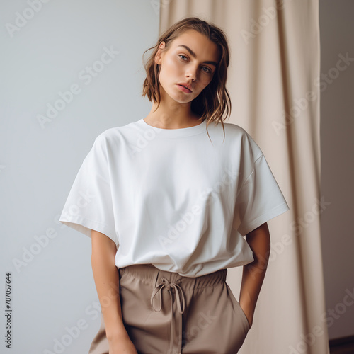 Young woman model dressed in white oversized tshirt. Blank tee front view mockup. Girl, mom short sleeve t-shirt design template  (ID: 787057644)