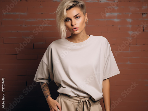Young woman model dressed in beige oversized tshirt. Blank tee front view mockup. Girl, mom short sleeve t-shirt design template  (ID: 787057673)