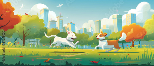 Dynamic 3D vector illustration of a dog and cat chasing each other in a park, fun and energetic,