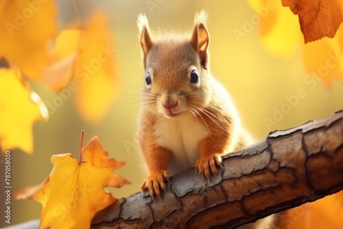 A cute and adorable baby squirrel with big brown eye on a brench with yellow leaves. Generative AI photo