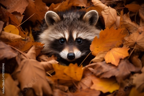 A tiny raccon hiding in a pile of autumn leaves. Generative AI photo