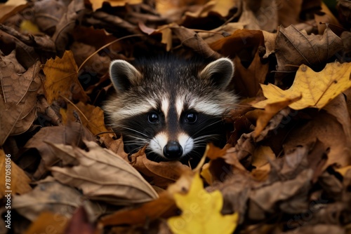 A tiny raccon hiding in a pile of autumn leaves. Generative AI