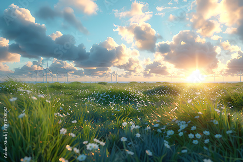 A wind turbine set against a natural backdrop, symbolizing green energy and ecological sustainability, promoting renewable power for a cleaner environment