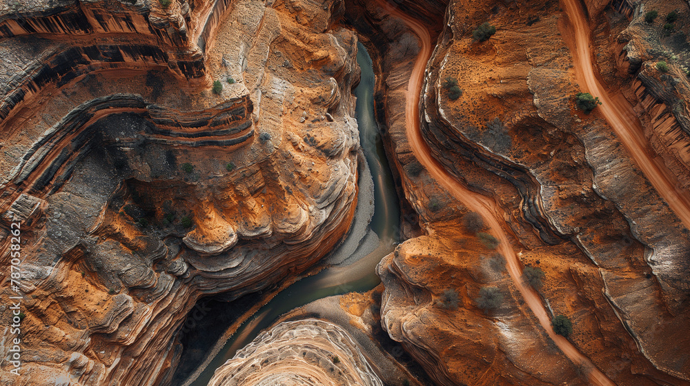 Bird's eye perspective of a winding canyon carved by the forces of nature over millennia. Happiness, love, courage, desire to live