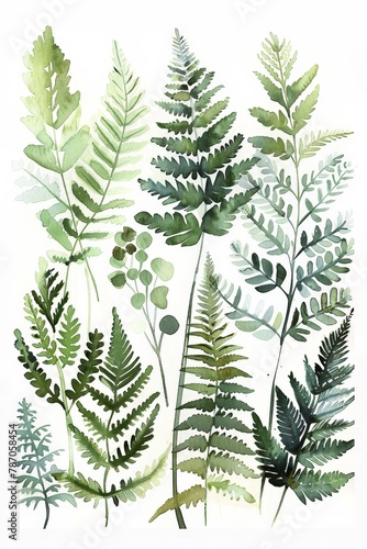 A watercolor illustration showcasing a variety of green fern leaves. The botanical details and lush foliage create a natural and elegant design, perfect for adding a touch of greenery to art projects.