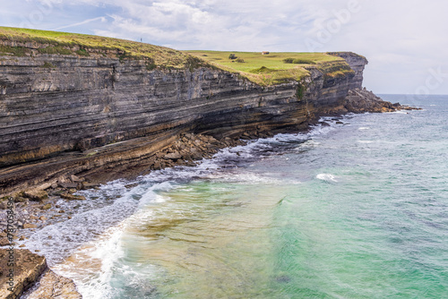 Cantabrian coast with horizontal geological layers. Cantabria, Spain.