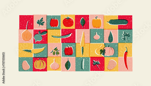 Risograph Vegetables, healthy organic Food, natural geometric Pattern in Tiles, decorative abstract art with Tomatoes, Potatos, Garlic, Onion, Green, banner, wallpaper