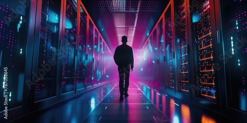 Database server center with the silhouette of an IT Engineer overseeing high speed data transfer.