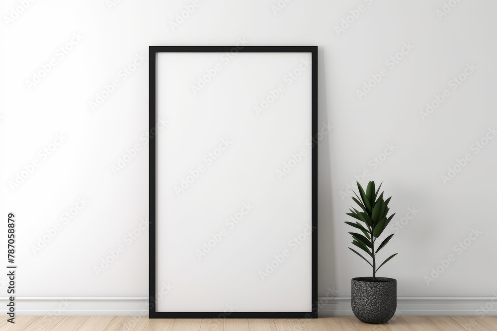 Blank black photo frame hanging on white wall interior with wooden floor. Generative AI Blank black photo frame hanging on white wall interior with wooden floor. Generative AI