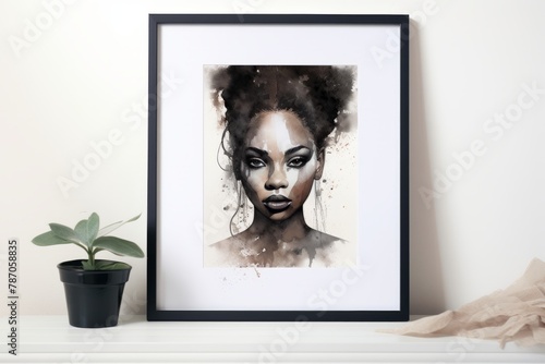A framed painting of a woman with a black face and a plant in the corner. Generative AI